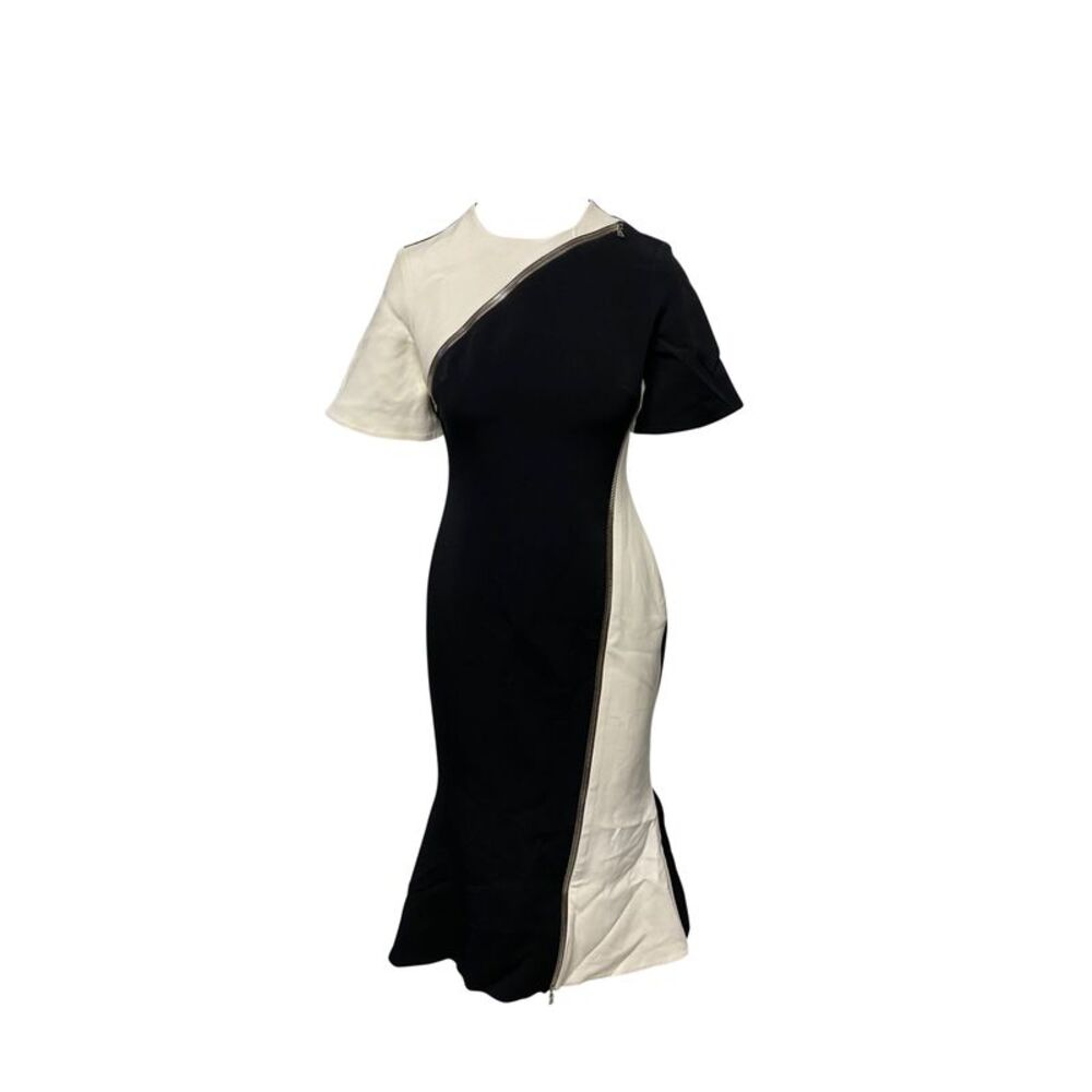 David Koma Contrast Sleeve Zip Detail Midi Dress in Black Acetate
